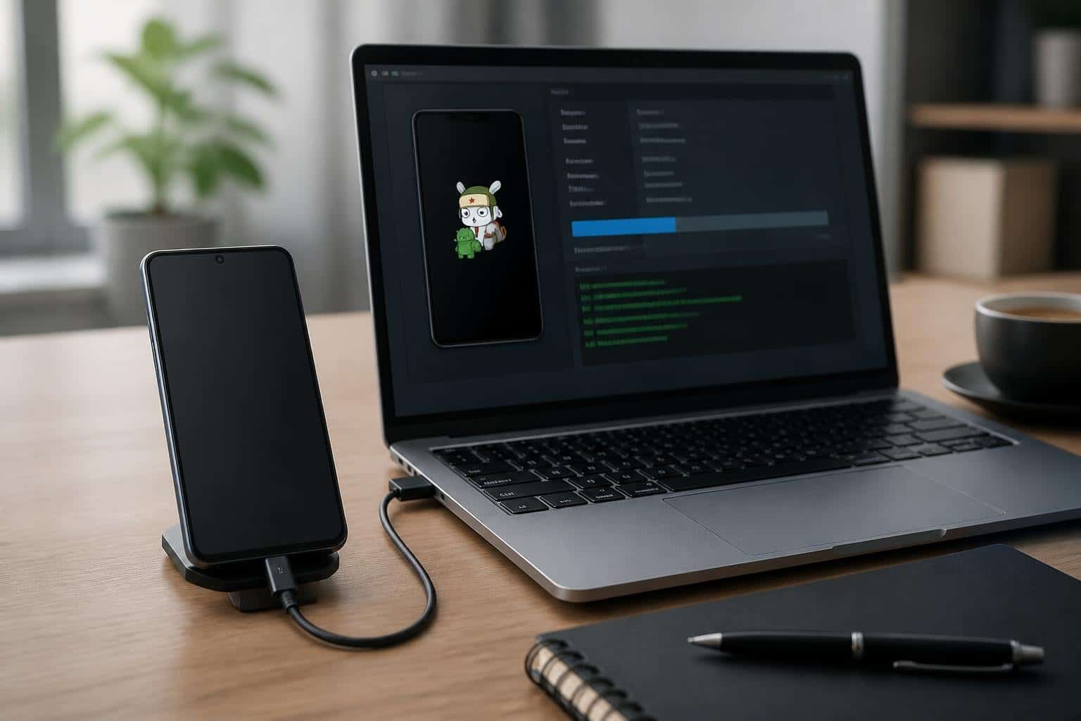 Um smartphone Xiaomi conectado a um laptop em uma mesa de trabalho limpa, mostrando o processo de fastboot.