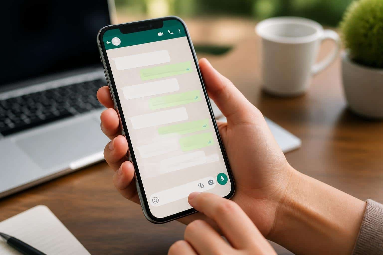 Pessoa segurando um smartphone com a tela do WhatsApp aberta, em um ambiente de escritório com fundo desfocado.