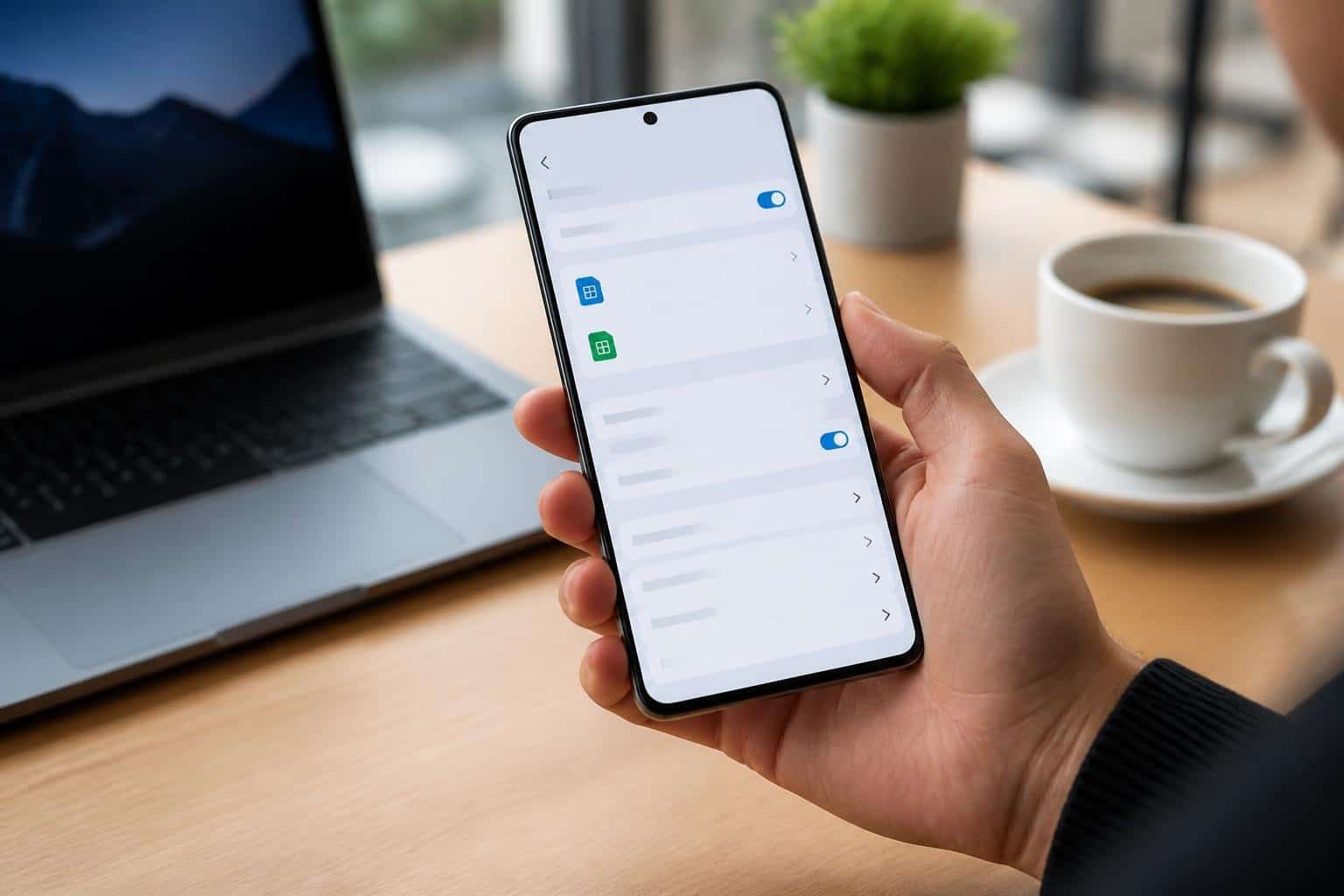 Pessoa segurando um smartphone mostrando configurações de rede móvel em um ambiente de escritório moderno.