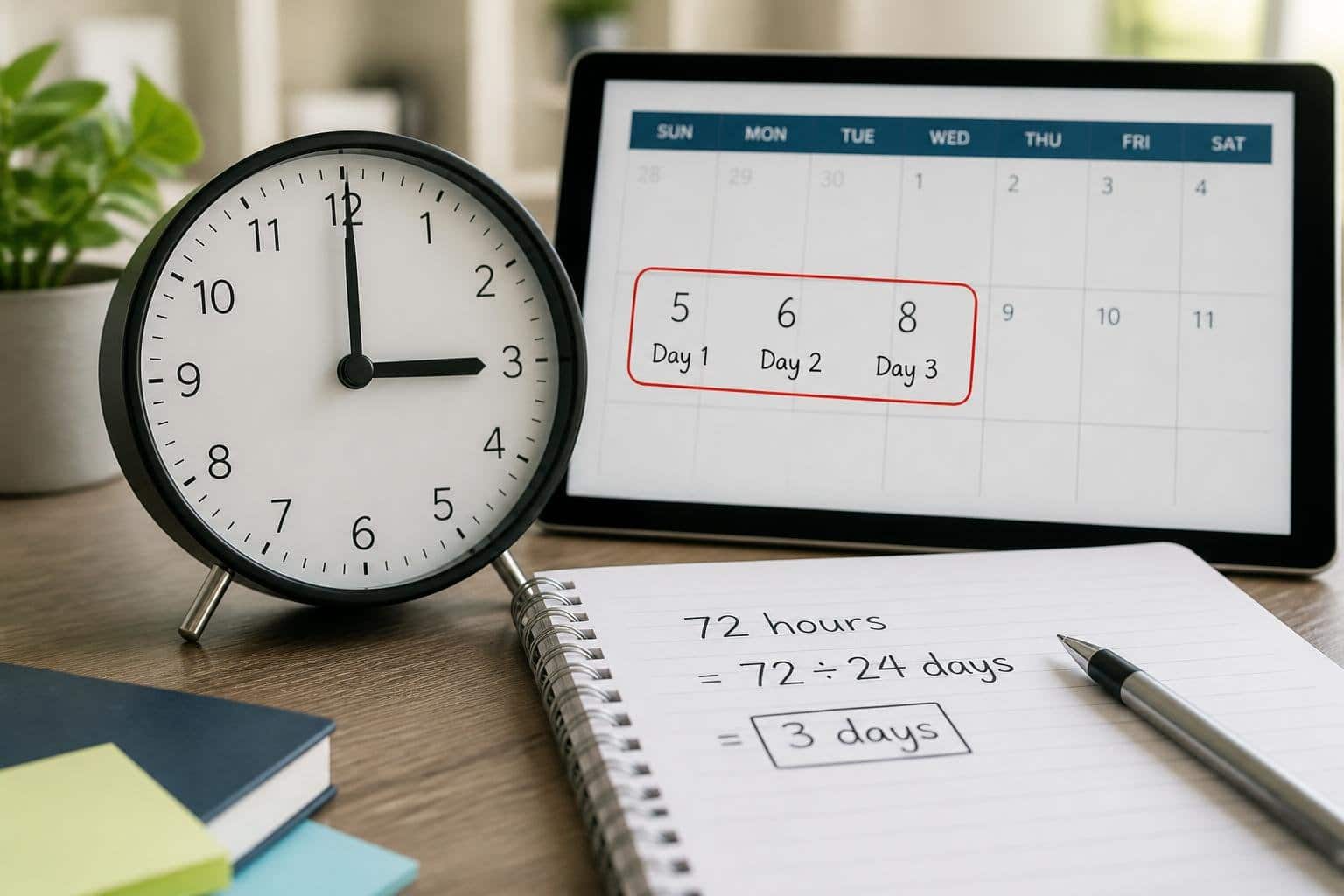 Relógio analógico ao lado de um calendário digital mostrando três dias consecutivos sobre uma mesa com um bloco de notas com cálculos escritos.