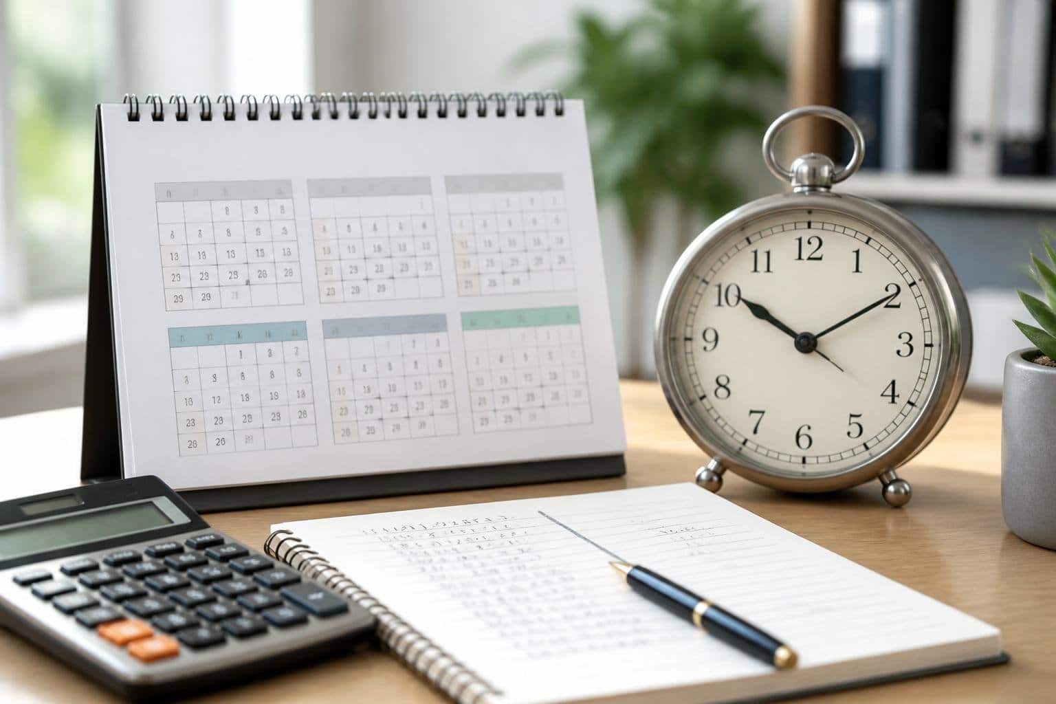 Mesa de trabalho com calendário aberto, relógio analógico e calculadora, representando a medição de tempo e cálculo de meses.