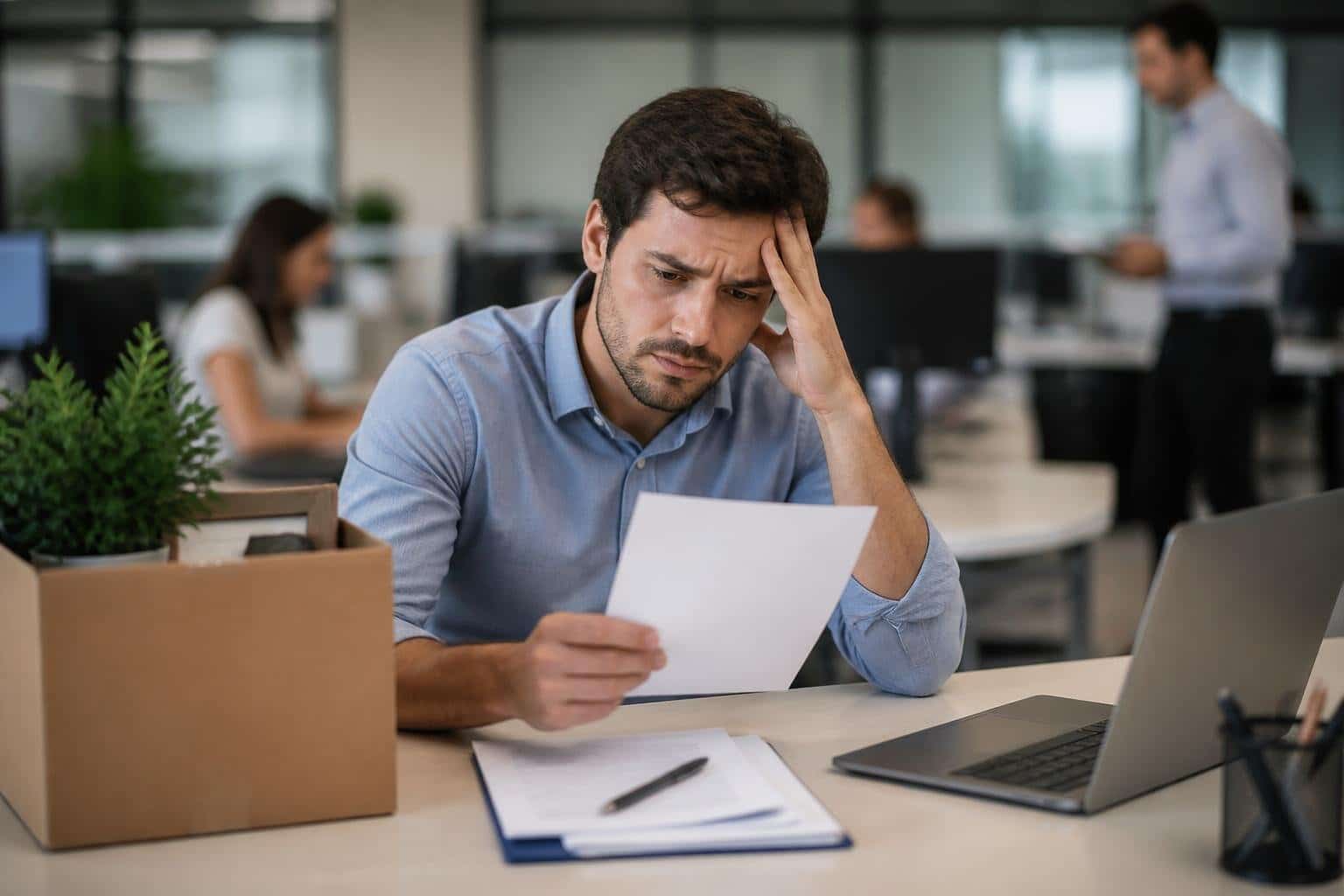 Homem sentado em uma mesa de escritório com expressão preocupada, segurando um papel, em um ambiente de trabalho moderno.