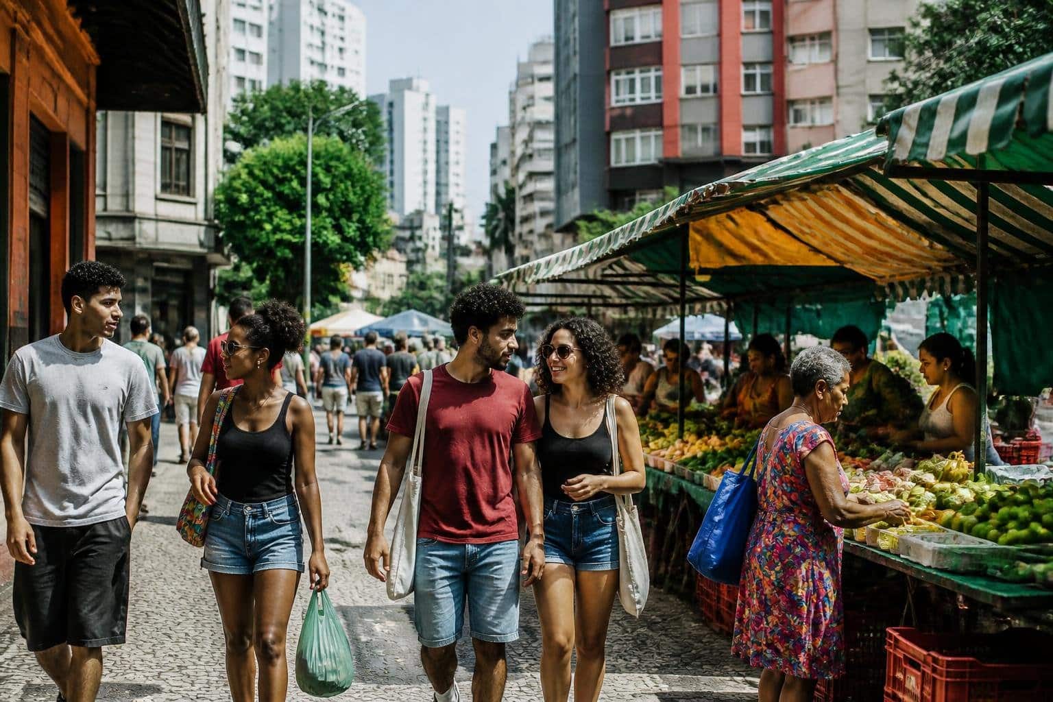Pessoas caminhando e interagindo em uma rua movimentada com barracas coloridas de mercado e prédios modernos ao fundo.