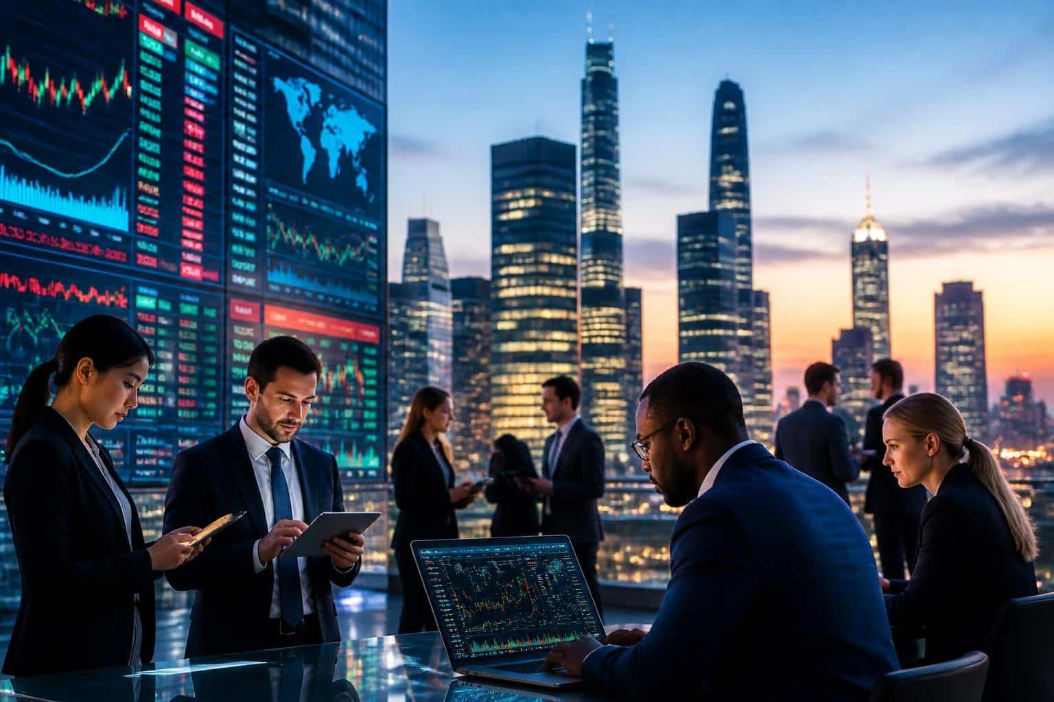 Profissionais de negócios analisando dados financeiros em uma sala moderna com um painel digital de mercado de ações ao fundo, durante o entardecer.