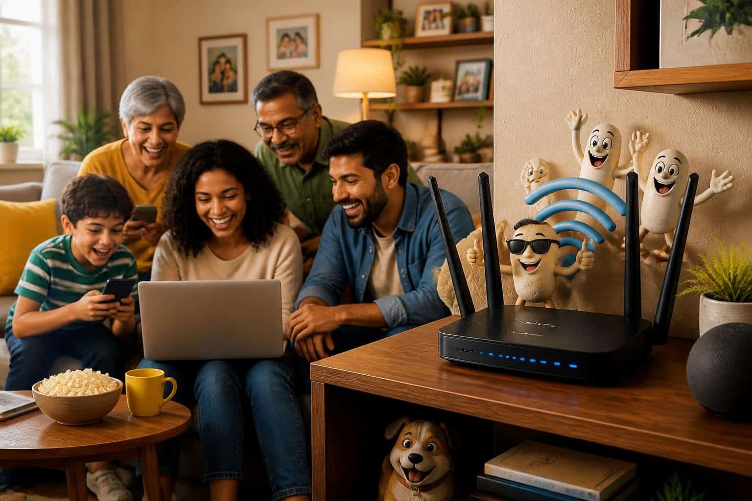 Família feliz reunida na sala de estar com um roteador moderno e dispositivos eletrônicos, mostrando um momento alegre e descontraído.