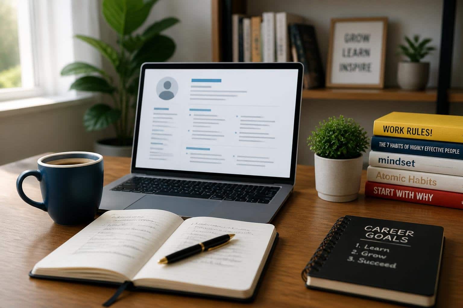 Mesa de trabalho organizada com laptop, caderno aberto e caneca de café, em um ambiente claro e profissional.
